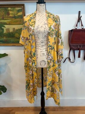 Skye Yellow Floral Kimono Duster OSFA Oversized Boho Open Front